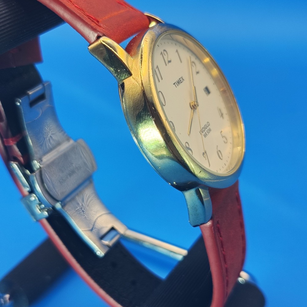 Vintage 2007 Timex Date 35mm Men's Quartz Watch Leather Strap Deployment Clasp - Picture 3 of 10